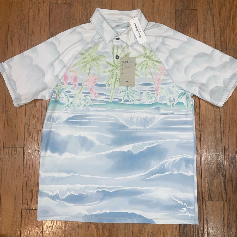 Tommy Bahama M Flyover Isles Silver Blue Short Sleeve Polo Shirt New $128